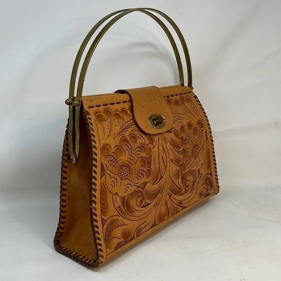 Vintage Hand Tooled Brass Handles Handbag - Picture 1 of 10